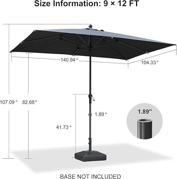 PURPLE LEAF 12' x 9' Patio Market Umbrella Outdoor Table Sun Umbrellas with Crank 8 Aluminum Sturdy Ribs for Pool Deck Backyard Beach Light Gray