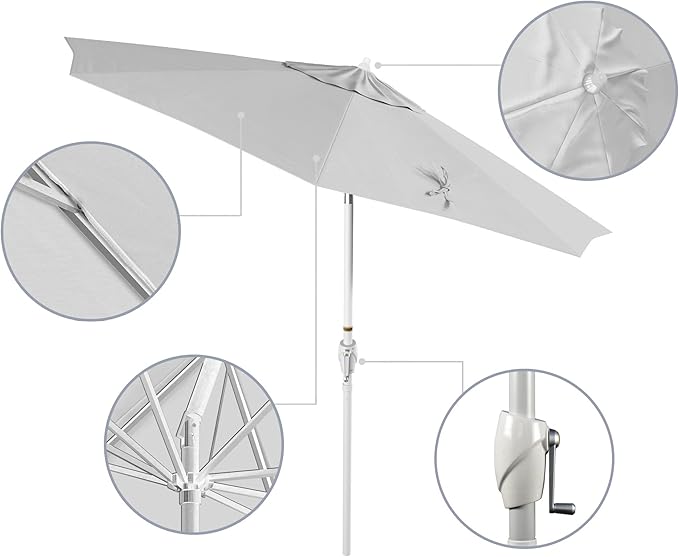 California Umbrella 9' Rd Aluminum Patio Umbrella, Crank Lift, Auto Tilt, White Finish, White