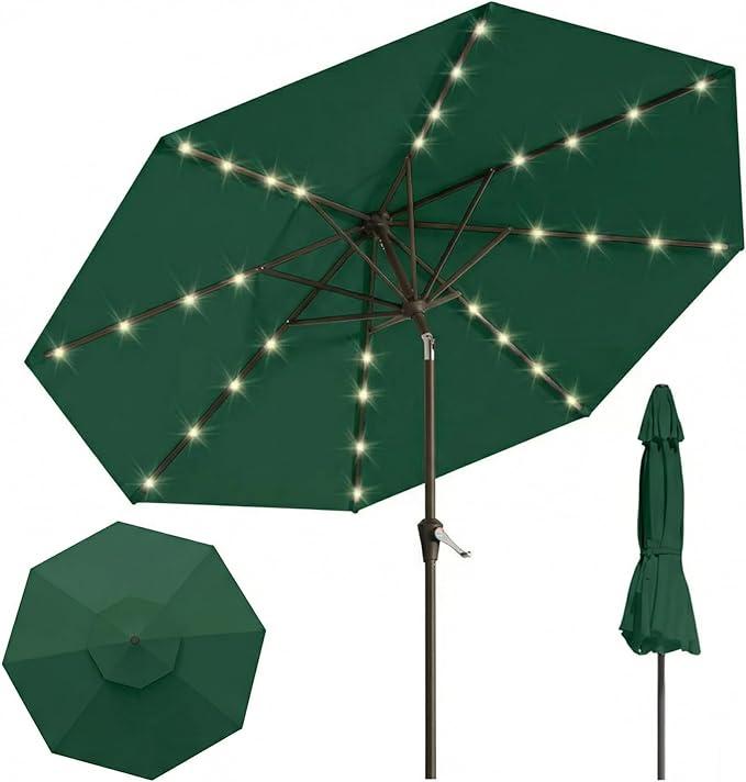 10FT Solar Lighted Patio Umbrella, Outdoor Table Market Umbrellas with Push Button Tilt and Crank, 32 LED Lights, 8 Sturdy Ribs, UV-Resistant for Deck, Garden, Pool