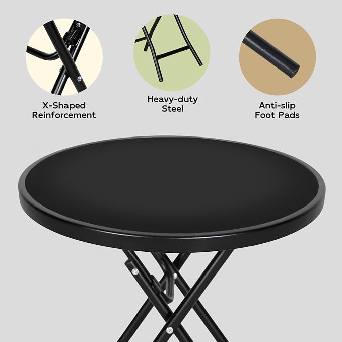 Abba Patio Bistro Table,18" Round Folding Side Table with Tempered Glass Tabletop,Small End Table for Outdoor Indoor Yard Garden Balcony Coffee, Black