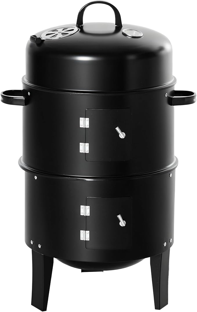 Outsunny Vertical Charcoal BBQ Smoker, 3-in-1 16" Round Charcoal Barbecue Grill with 2 Cooking Area, and Thermometer for Outdoor Camping Picnic Backyard Cooking, Black
