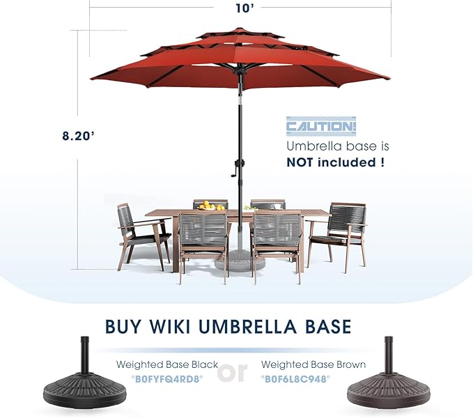 wikiwiki 10ft 3-Tier Patio Umbrella Outdoor Table Market Umbrella for Patio with Push Button Tilt/Crank, Fade Resistant Waterproof POLYESTER Canopy for Garden, Lawn, Deck, Backyard & Pool, Red