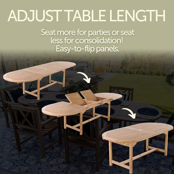 Nordic Style Backyard Premium Teak Wood Adjustable Outdoor Dining Table with Natural Finish – 79″-118″ (Dining Table Only)