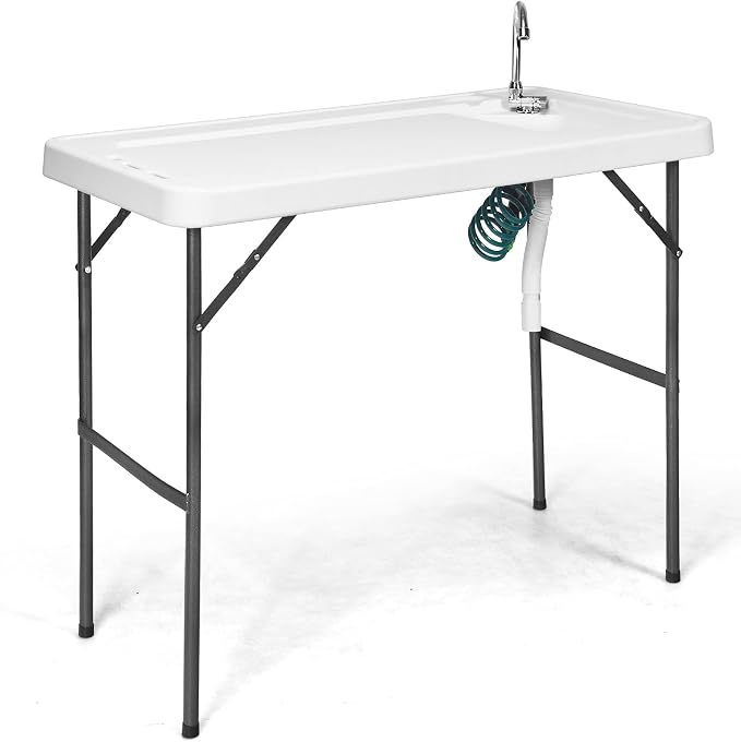ReunionG Folding Fish Cleaning Table with Sink, Portable Camping Fillet Table with Foldable Faucet, Spray Nozzle & Drainage Hose, Heavy Duty Outdoor Fish Cleaning Station for Garden, Picnic, Patio