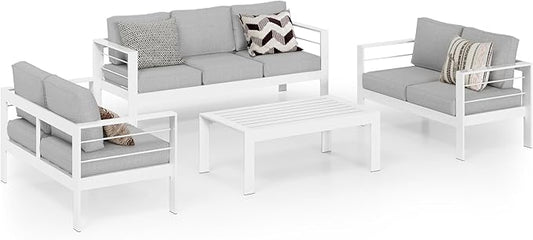 Wisteria Lane Aluminum Outdoor Patio Furniture Sets, 4 Piece Metal Patio Conversation Sets Modern Outdoor Sofa with Coffee Table and Cushion, White