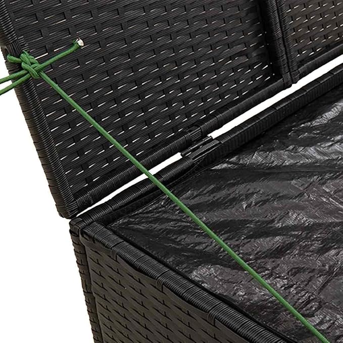 Outdoor Garden Storage Box 291L, Weather Resistant Poly Rattan Deck Bin for Cushions, Tools, and Patio Accessories, Black Rectangular Container