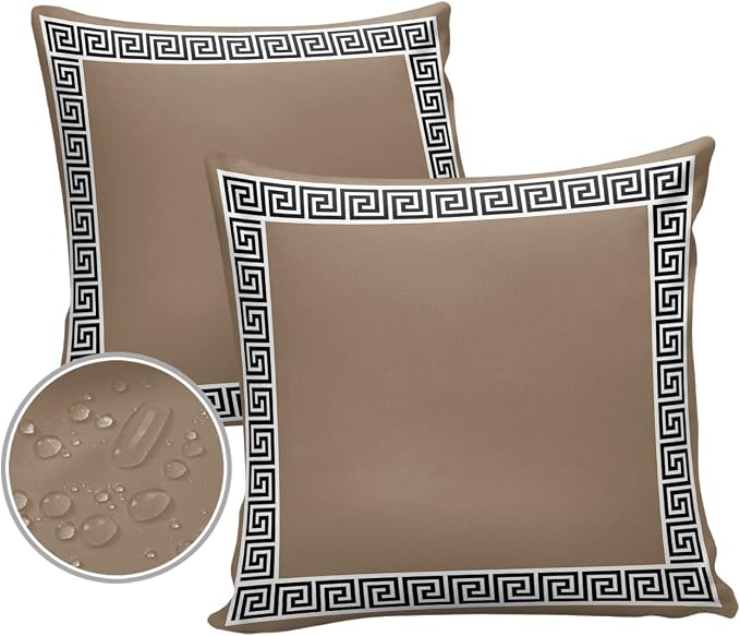 Prime Leader Outdoor Waterproof Pillow Covers Set of 2, Chinese Style Pattern Brown Background Patio Throw Pillow Covers, Decorative Cushion Case for Couch Sofa Furniture Garden, 16x16 Inch
