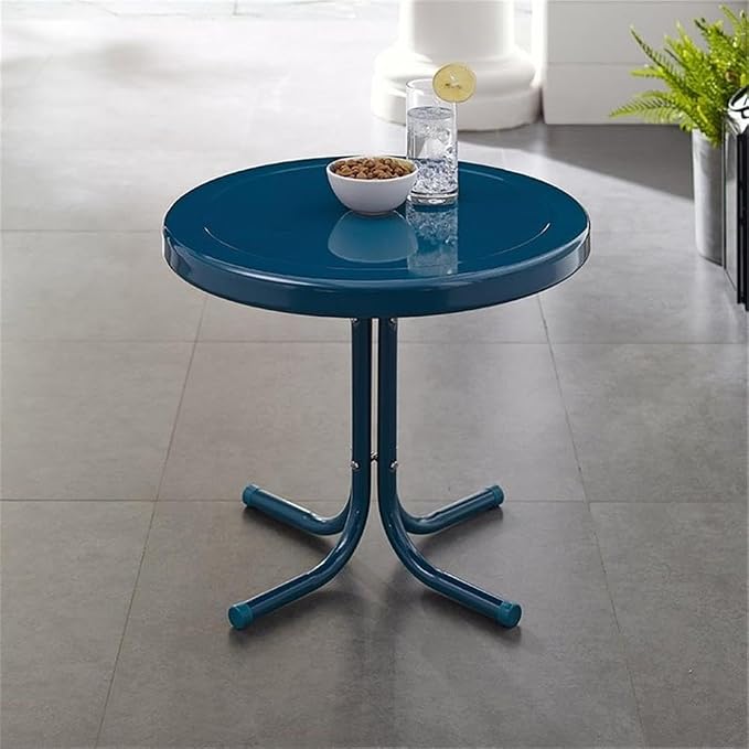 Pemberly Row Modern Steel Patio End Table, Navy Blue Finish, Powder-Coated Weatherproof Metal, 19 in Height, Pedestal Base, Outdoor Furniture for Patio, Balcony, or Porch Use