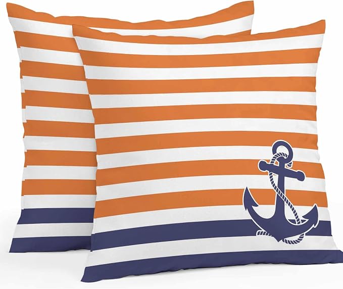 Throw Pillow Covers 24x24 Inch Set of 2, Anchor Orange Waterproof Outdoor Cushion Covers, Modern Navy Blue White Striped Nautical Decorative Pillowcases for Couch, Sofa, Bed, Garden, Patio