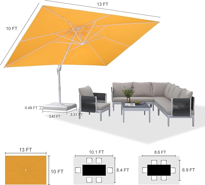 PURPLE LEAF 10' × 13' Patio Umbrella With Base White Cantilever Umbrella Square Outdoor Offset Umbrella Windproof with 360° Rotation for Garden Deck Pool, Yellow