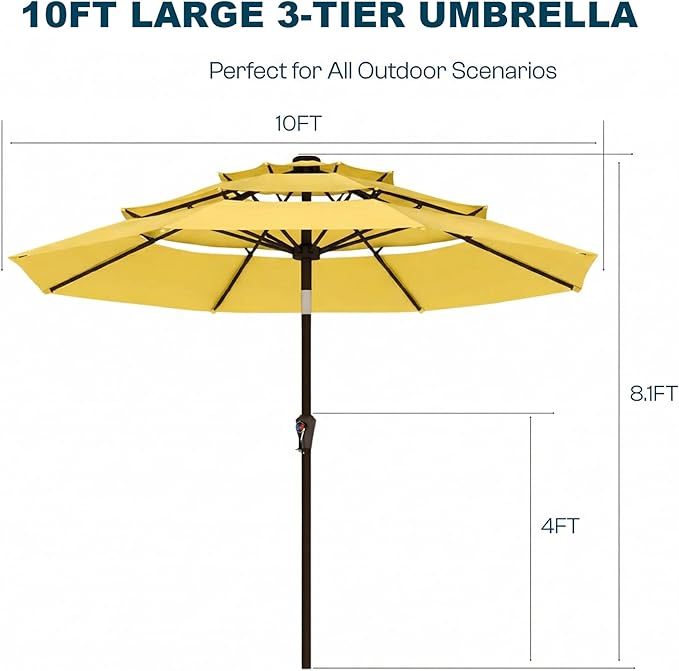 10ft Patio Umbrella, 3 Tier Outdoor Market Table Umbrellas with 8 Fiberglass Ribs and Push Button Tilt, Windproof, Vented Canopy, UV Protection for Deck, Pool, Backyard