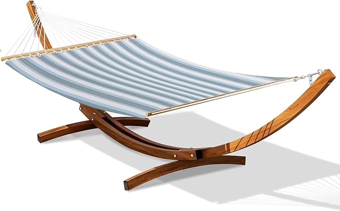 Lazy Daze Hammocks 12 FT 2 Person Double Quick Dry Textilene Hammock with Curved Steel Heavy Duty Stand for Outside, Backyard, Patio, 450 Lbs Capacity, Blue White Stripes