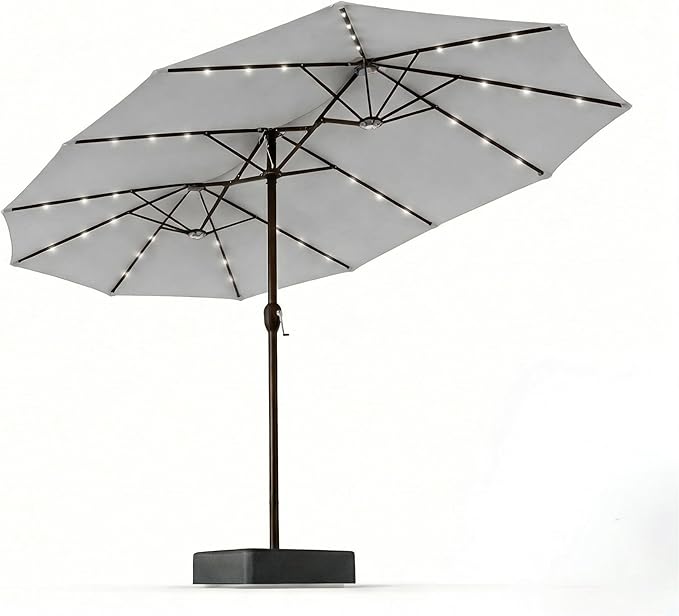 15FT Patio Umbrella with Solar Lights, Double-Sided Extra Large Outdoor Table Umbrella with Base Included, Heavy-Duty 12 Iron Ribs Market Umbrella for Garden, Pool, Backyard, Light Gray