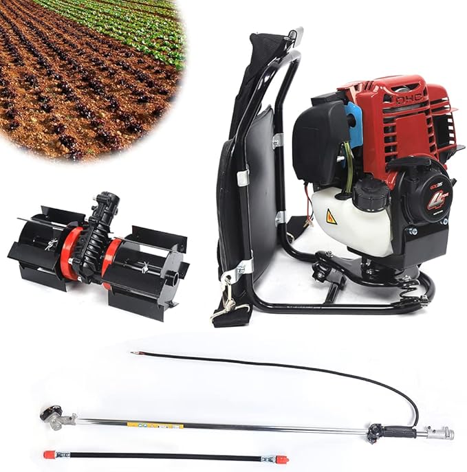 35.4cc 4-Stroke Versatile Backpack Grass Trimmer, 1.4HP Gas Powered Weed Wacker w/Shock-Absorbing Frame, Knapsack Micro Tiller Lawn Mower for Farmland Weeding, Harvesting, Clearing, Ditching