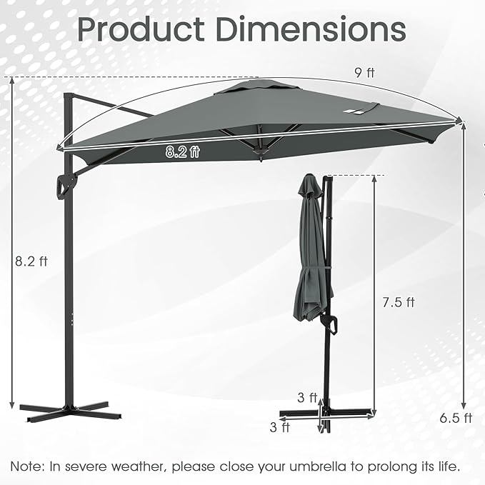 Tangkula 9 FT Cantilever Patio Umbrella, Heavy Duty Offset Outdoor Hanging Umbrella with Vented Top, Handle, Sun-Protective Canopy for Pool Backyard Garden Deck (Gray,9 FT)