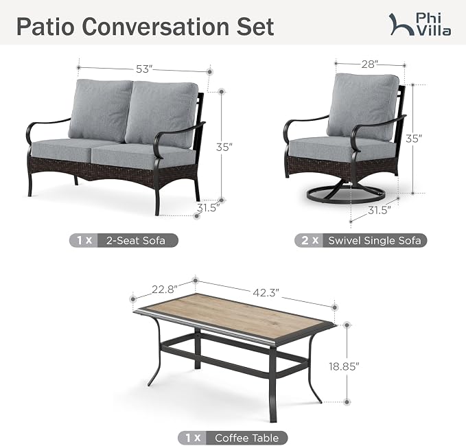 PHI VILLA Outdoor Porch Furniture Set, Upgraded Wicker & Metal Deep Seating Patio Furniture Conversation Set with Waterproof Thick Cushions for Balcony, Yard (4 Pieces,Grey)