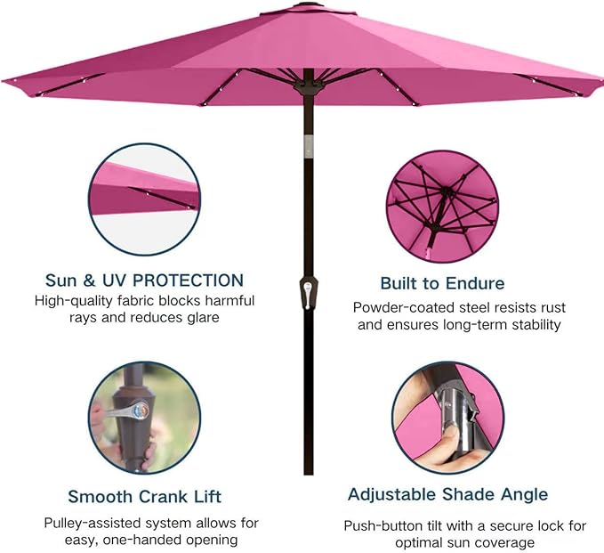 9' Solar LED Patio Umbrella with Tilt & Crank|8 Sturdy Ribs,UV Protection,Outdoor Market Table Umbrella for Deck,Lawn,Pool,Backyard(Rose Pink)