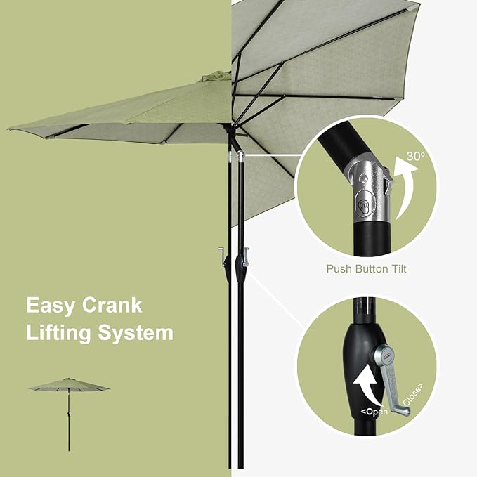 Tempera Striped Patio Umbrellas Outdoor Table Market Umbrellas with Crank & Pust Button Tilt|Auto-Tilt, 8 Steel Ribs, High Color-Fastness Canopy