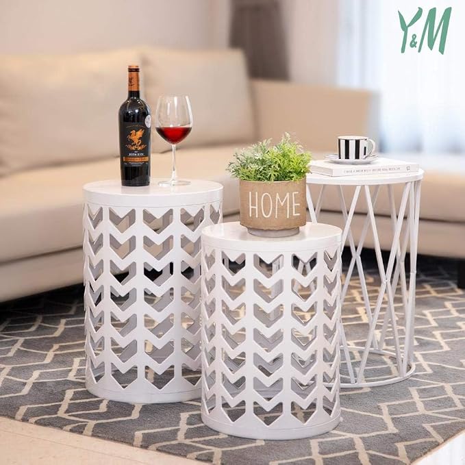 Y&M Side Table,Set of 3 Heavy-Duty Round End Table, Outdoor Decorative Garden Stool Plant Coffee Table for Indoor Multifunctional Use, Stand-White