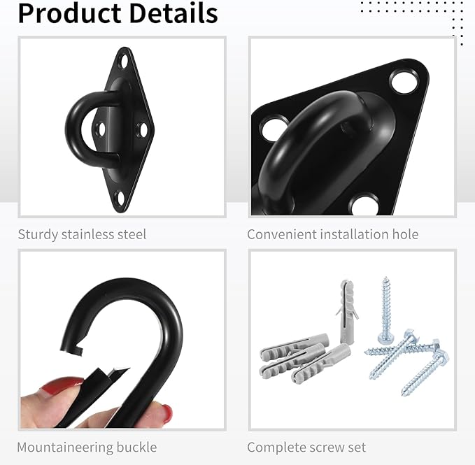 4 PCS Hammock Hooks with Mountaineering Buckles, Stainless Steel Hanging Kits, Hammock Hooks Heavy Duty Kits with Screws, Hammock Hooks for Wall Ceiling Mount Indoor Outdoor
