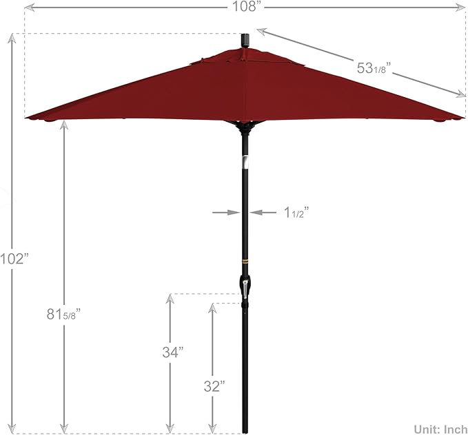 California Umbrella 9' Round Aluminum Market Umbrella, Crank Lift, Push Button Tilt, Black Pole, Pacifica
