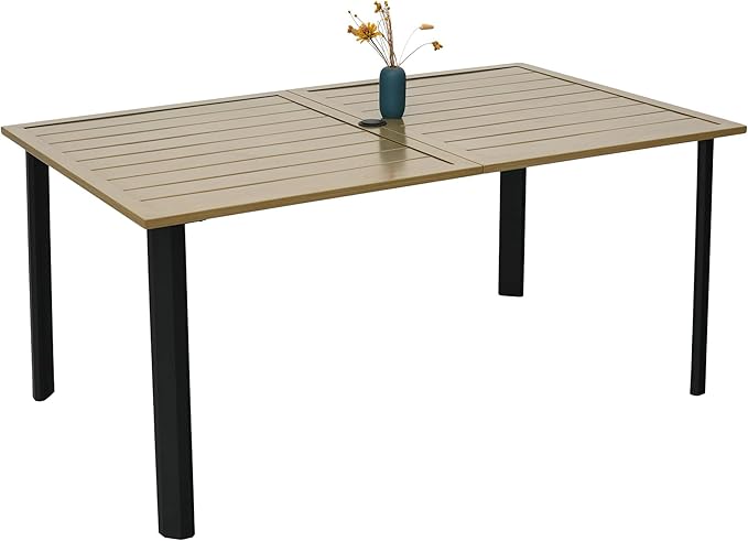 Anmutig Outdoor Patio Table for 6 Person, Patio Dining Rectangle Table with 1.57" Umbrella Hole for Garden Lawn Backyard Parties, Black Metal Frame 63" L x 38" W x 29" H Brown