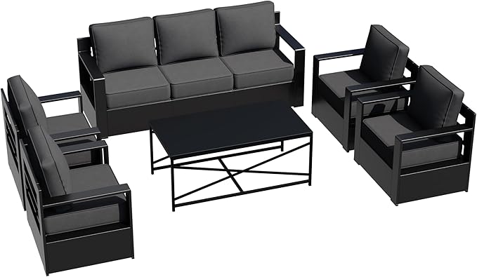 Outdoor Aluminum Furniture Set, 6-Piece Patio Conversation Set, 4 Chairs 1 Sofa and 1 Table, All-Weather Metal Frame, 6" Thick Removable Cushions, Deep Setting for Garden, Poolside and Porch