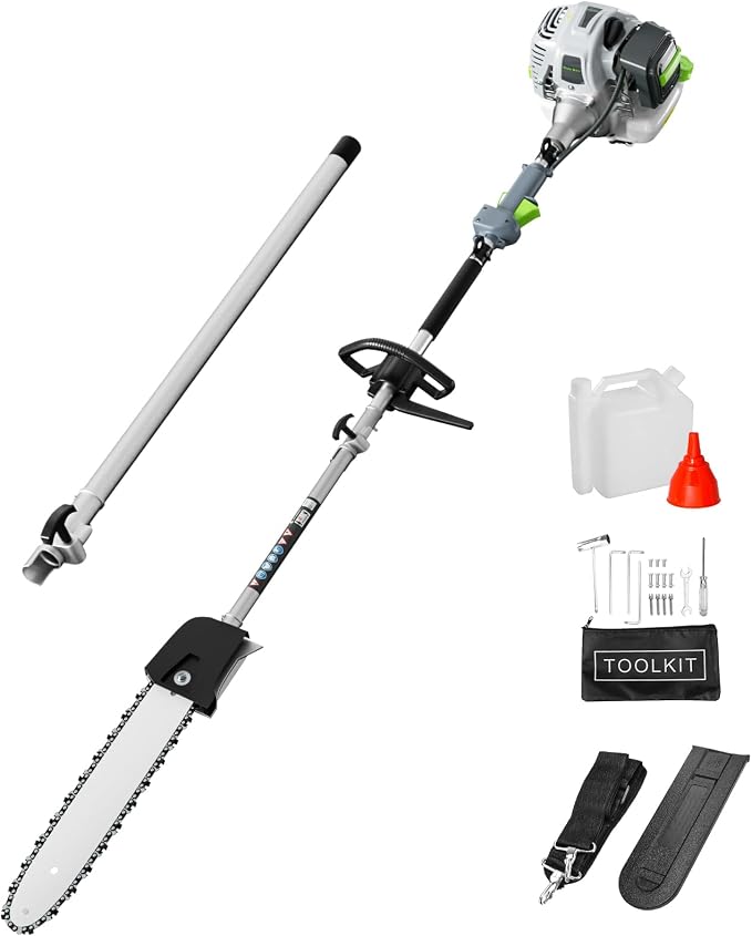36CC Gas Powered Pole Saw, 2 Stroke Powerful Gas Pole Saw with 10" Guide Bar, 6 to 8.7FT Extendable Long Reach Saw Chainsaw with Safety Lock & Shoulder Strap for Tree Trimming Pruning