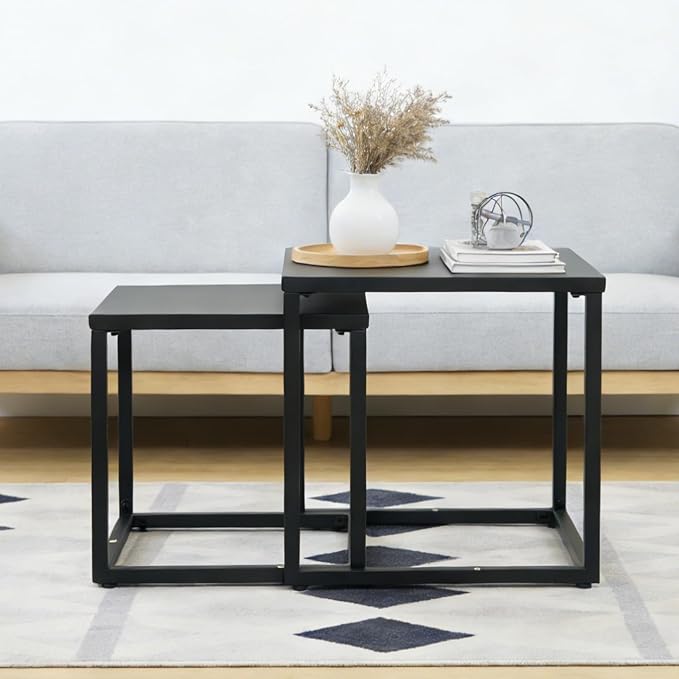 Meluvici Patio Outdoor Coffee Table Set of 2, Weather Resistant Steel Square End Tables, Outdoor Nesting Tables for Patio, Balcony, Bistro and Indoor, Black (Black)