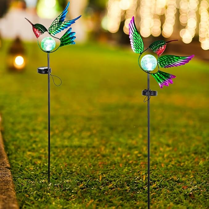 Hummingbird Solar Garden Lights with Stake 2 Pack,Bird Pathway Solar Outdoor Crackle Glass Globe Light for Garden,Walkway,Pathway,Yard,Lawn