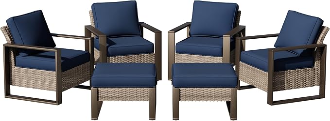 Joyside Outdoor Patio Chairs, 6 Pieces Wicker Rattan Furniture Set, 4 Patio Chairs and 2 Ottoman, Metal Wide Armrest, Thick Cushions and Deep Seating for Garden, Backyard, Porch, Deck