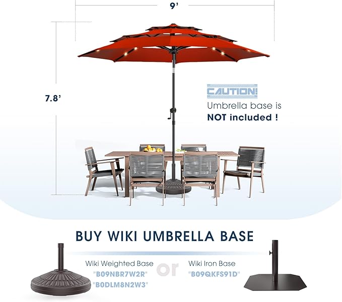 wikiwiki 9FT 3Tiers Solar Led Patio Umbrella, Sturdy Outdoor Market Umbrella for Deck, Pool, Garden w/Tilt, Crank, 32 LED Lights, Red