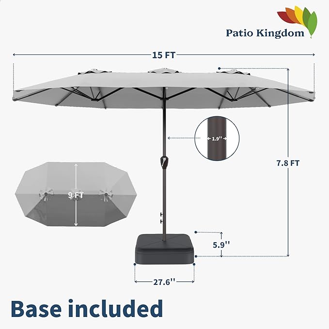 15FT Double Sided Patio Umbrella with Base Included Large Outdoor Market Umbrella with Crank Handle, UV Resistant Canopy, Sturdy Frame for Garden, Poolside, Deck, Light Gray