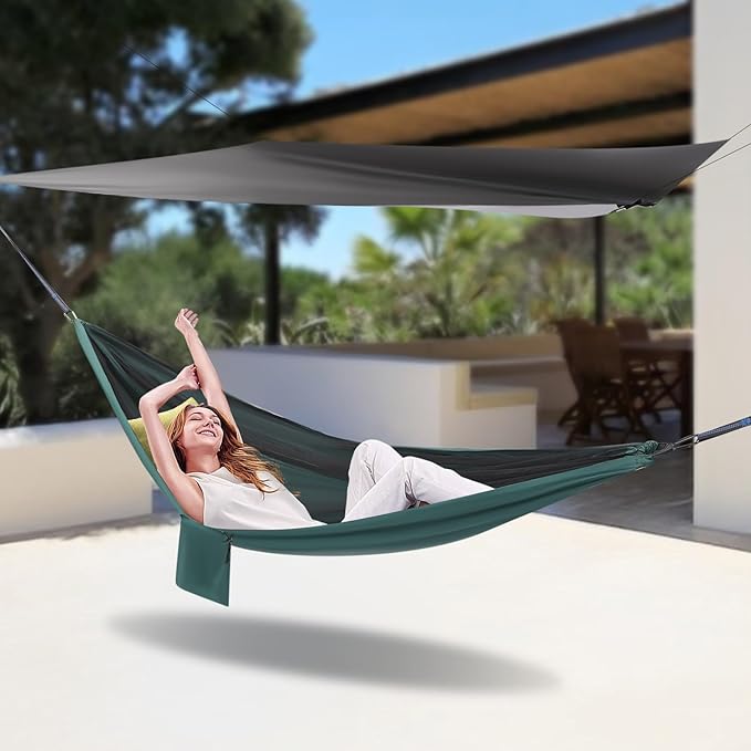 9.5x4.5ft Camping Hammock, Portable Outdoor Hammock Tent with Mosquito Net and Rain Fly Tarp, Backpacking Hammock for Hiking, Outside, Patio, Travel (Black and Blackish Green)