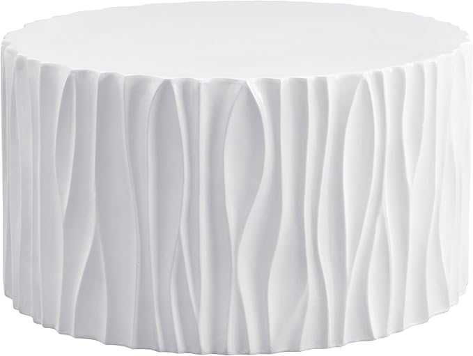 White Coffee Table with Wavy Fluted Side, Modern Round MGO Magnesium Oxide Center Table Assembly-Free for Patio Garden Balcony Outdoor 26.77" x 14.76"