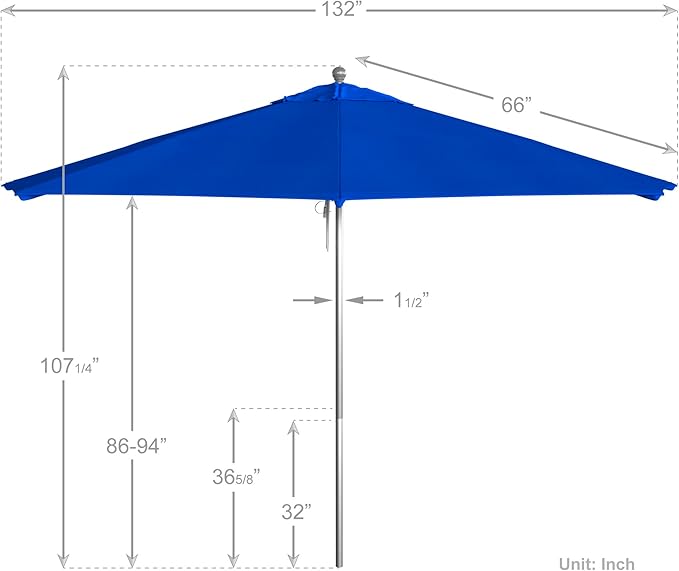 California Umbrella 11Ft Commercial Grade Sunbrella Fabric Market Umbrella, Pulley Lift, Aluminum/Fiberglass, 2mm pole wall, Silver Frame, Pacific Blue Fabric