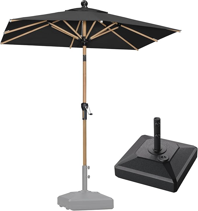 PURPLE LEAF 4' x 6' Patio Umbrella with Base Market Umbrella Rectangular Outdoor Umbrella with Push Button Tilt & Crank and 8 Ribs Aluminum Table Umbrella for Pool Backyard Beach, Black