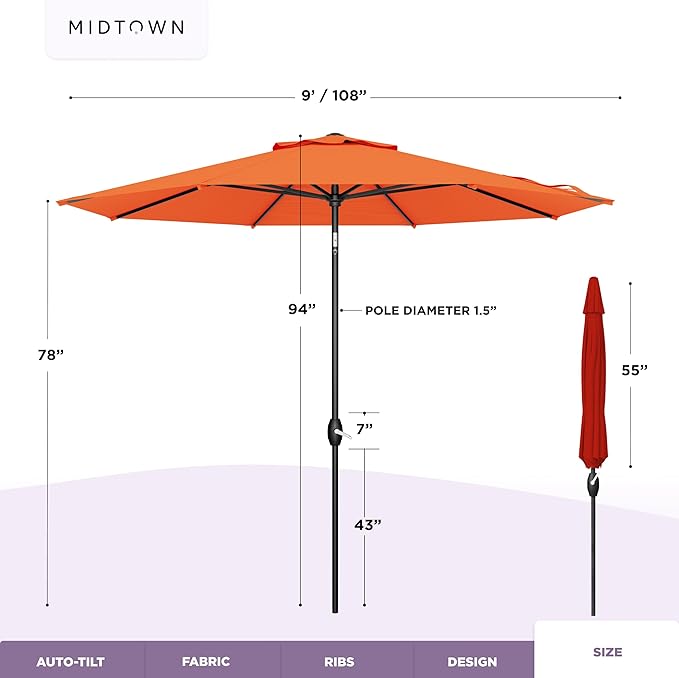 Midtown Umbrellas - 10-Year-No-Fade 9 Ft Patio Umbrella with Terylast Fabric, Auto-Tilt Aluminum Frame and 8 Reinforced Ribs for Deck, Pool, Garden & Beach - Tangerine Canopy, Black Pole