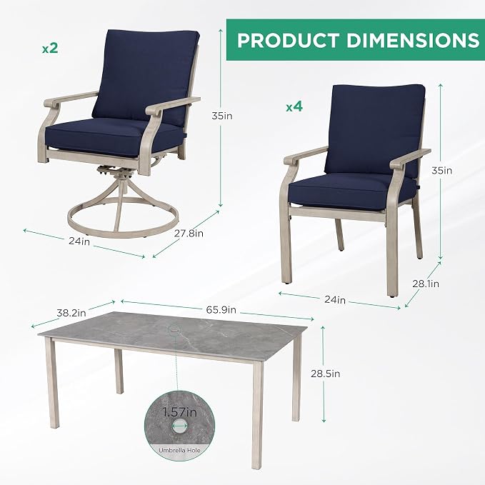 7-Piece Patio Dining Set, Grey Food-Grade Sintered Stone Dining Table with Umbrella Hole, 4 Dining Chairs and 2 Swivel Chairs with Blue Removable Thickened Cushions for Garden Lawn Yard