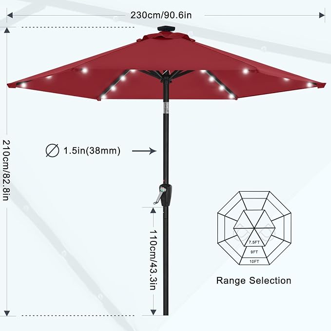 MASTERCANOPY 7.5FT 6Ribs Patio Umbrella with 32 Solar LED Lights, Outdoor Market Umbrella with Tilt & Crank, UV Protection & Fade Resistant Fabric, Easy Set-Up for Garden, Deck, Pool (Burgundy)