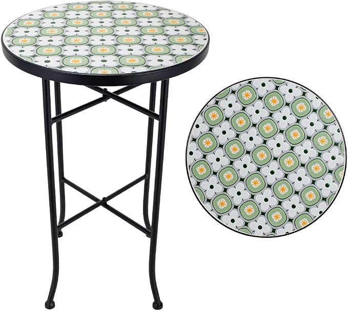 14 Inch Mosaic Patio Side Table with X-Straight Legs, Indoor Outdoor Accent Round End Table with Ceramic Tile Tops for Yard, Garden, Living Room, Bistro, A - Granny Square