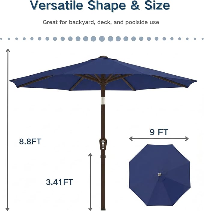 PatioKingdom 9FT Patio Outdoor Umbrella-UPF 50+ Sun Shade with Wind Vent, Push-Button Tilt & Smooth Crank Lift, Rust-Resistant Fiberglass Frame for Garden, Backyard,Yard (Navy)