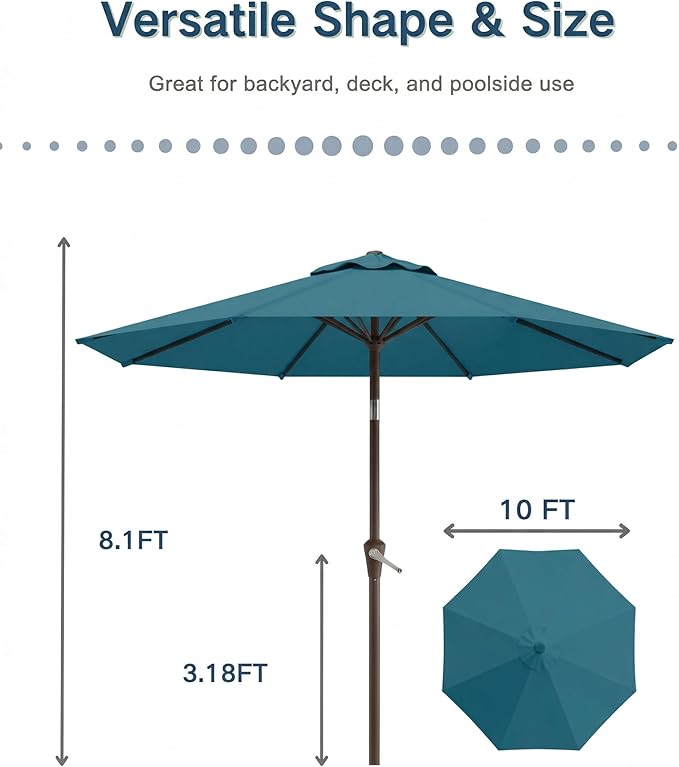 PatioKingdom 10FT Patio Umbrella with Push Button Tilt and Crank, Outdoor Market Umbrella with 8 Fiberglass Ribs, UV Protection Table Umbrella for Pool,Backyard,Garden,Deck
