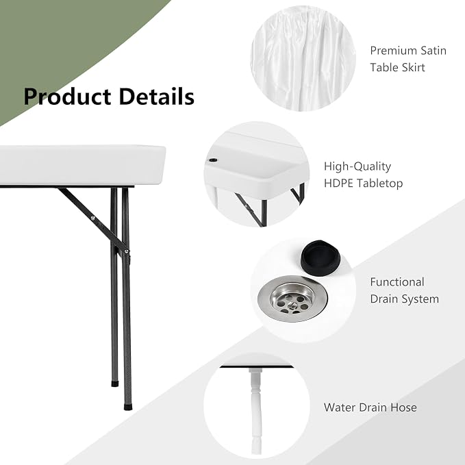 4FT Ice Cooler Table, Outdoor Deep Ice Table w/Matching Skirt, Powder Coated Metal Legs, Patio Ice Tables for Parties with Drain, Party Ice Bin Table for Wedding, Tailgating, Camping & Picnic