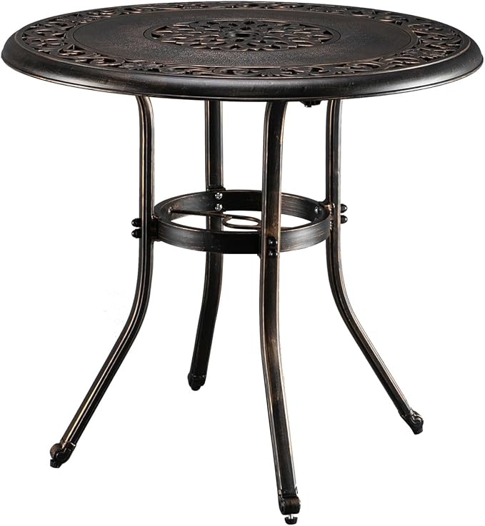 VINGLI 32" Outdoor Dining Table, Round Patio DiningTable with Umbrella Hole, Cast Aluminum Outdoor Bistro Table Patio Furniture Garden Table (Bronze, 32" Dia x 29 H) (Bronze)