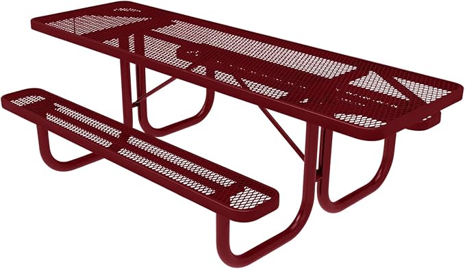COATEDOUTDOORFURNITURE Heavy-Duty Portable ADA-Compliant Outdoor Picnic Table, Expanded Metal Patio Furniture Made in America (8ft Rectangular, Both-Side Handicap, Burgundy with Burgundy Frames)
