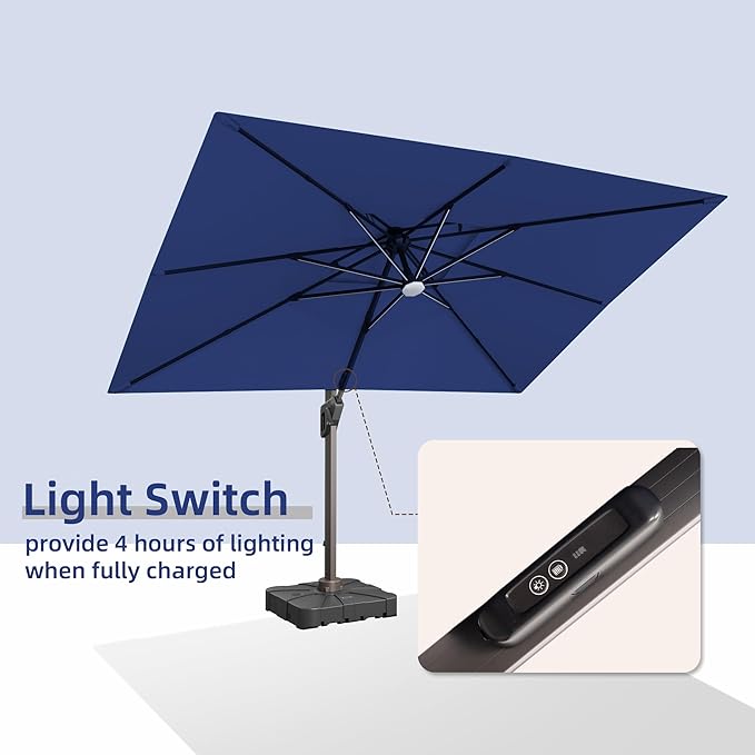 9 X 12 FT Cantilever Outdoor Patio Umbrella with Base Included Large Heavy Duty 360° Rotation Double Top Offset Rectangular Umbrellas with LED Lights for Backyard Outside Deck, Navy
