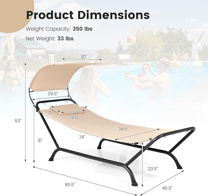 Tangkula Hammock with Stand Included, Heavy Duty Outdoor Hammock with Adjustable Canopy, Rustproof Metal Stand, Pillow, Storage Pocket, Hammock Bed with Stand for Backyard Lawn Poolside (Beige)