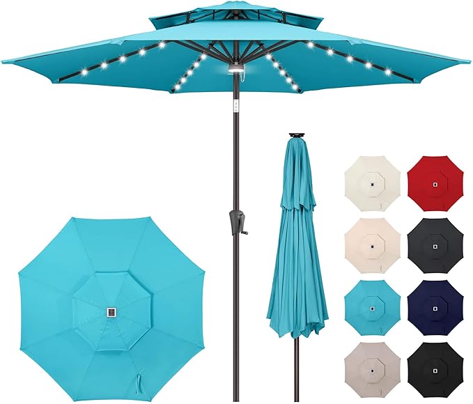9FT Solar Umbrella Outdoor - 2 Tiers Lighted Solar Patio Umbrella with 40 LED Lights Waterproof UV Protection, Table Umbrella with Tilt for Pool, Porch, Garden, Backyard (Aqua Blue)