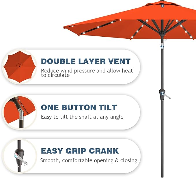9FT Patio Umbrella with Solar Lights,Outdoor Market Umbrella with Tilt and Crank, LED Lighted Table Umbrella for Garden,Deck,Backyard,Pool,Beach (Orange)